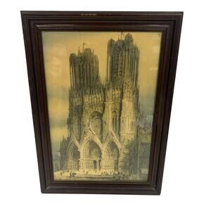 Antique Rheims Notre Dame ? Cathedral Lithograph 1910s Alphege Brewer Framed